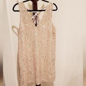 Loft champagne sequined v-neck dress with back tie, size 8 - NEW